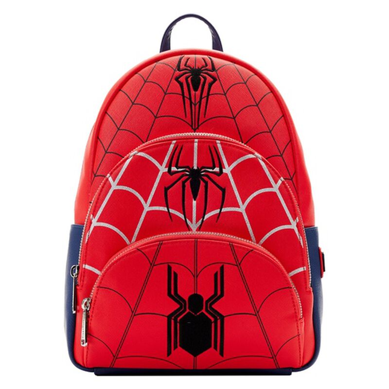 Image of the Spider-Man triple pocket backpack that is red and blue with spiderweb designs on the front. On each pocket, you'll find the logo for a different Spider-Man: Tobey Macguire's, Andrew Garfield's, and Tom Holland's